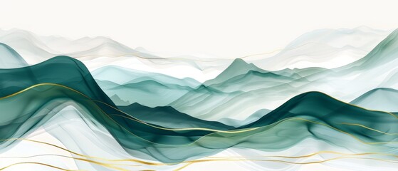 Canvas Print - Minimalistic vector background with golden lines, waves and green blue mountains in the style of Japanese minimalism (kitchen glass)