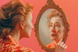 Young woman in front of the mirror and senior woman as a reflection in the mirror. AI generative art