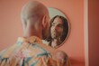 Bald man in front of the mirror and man with long hair as a reflection in the mirror. AI generative art