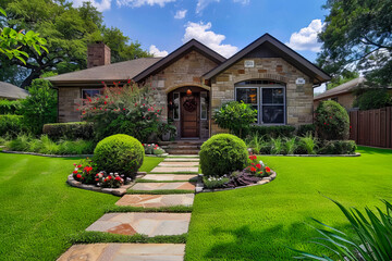 Wall Mural - A beautiful home with a stone walkway and green grass.