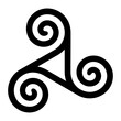 Spiral triskelion with hollow triangle in the center. Triskele, ancient symbol and motif of a triple spiral, exhibiting rotational symmetry, all three connected, forming an empty space at its center.
