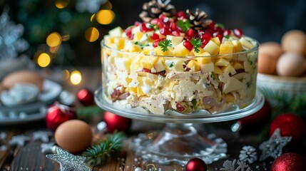 Wall Mural - Christmas Chicken, Apple, Cheese and Egg Salad Layered with Mayo
