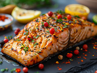 Wall Mural - grilled salmon with lemon and herbs on a slate.