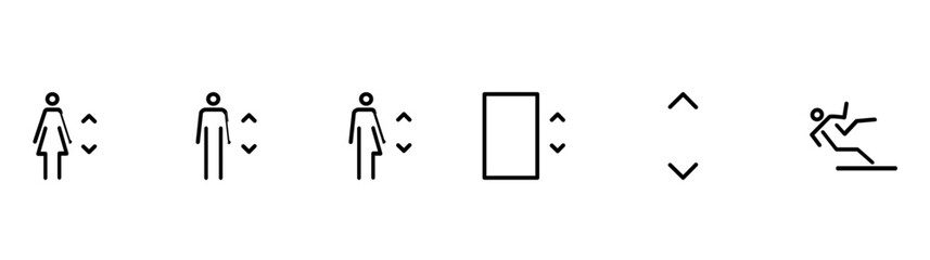 Shopping Mall public place icons set.Elevator. Slippery floor icon. Modern linear outline vector.