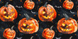 Seamless Halloween design with funny, spooky orange pumpkins, Jack-o'-lantern on black background, Background, Halloween pattern, wrapping paper, watercolor illustration and textile.