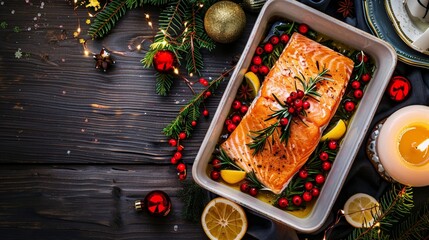Wall Mural - Christmas dinner from fish salmon in roasting dish with festive decoration advent wreath and candles.