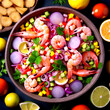 An overhead view of a seafood ceviche, showcasing fresh fish, shrimp, and other seafood marinated in citr