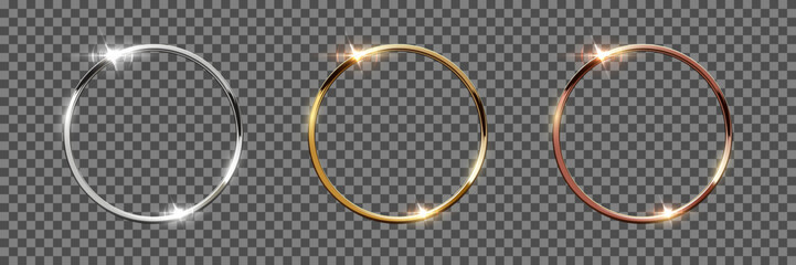 Fototapete - Gold, silver and bronze metal circle frames 3d vector realistic illustration. First, second and third place medals or buttons isolated on transparent. Quality blank, empty badge, emblem set