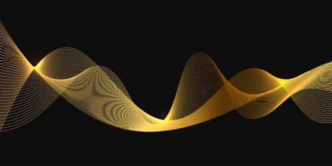 Poster - Gold abstract waves, golden line landscape vector illustration isolated on black background. Luxury glitter shiny swirls pattern. Elegant modern design element