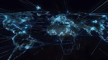 Aufkleber - Digital World Map Showing Cyber Connectivity, Networking Across Continents. Futuristic Glowing Lines and Nodes. Perfect for Technology Concepts. AI