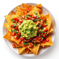 Wall Mural - Top view of spicy nachos with guacamole isolated on white background