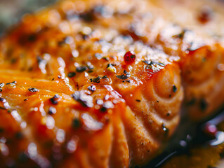 a close up of salmon with spices and sauce.