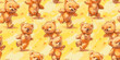 Seamless festive children's pattern with cute plush teddy bears on a yellow background. Celebration happy birthday wrapping paper, textile, fabric print for kid items.