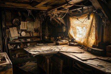 Interior of an old sailor seafaring ship, strewn with maps and equipment in cavin , AI-generated