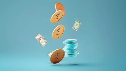 money saving concept, Bundles cash and floating coin isolate on blue background. 3d rendering.