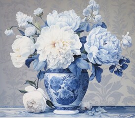 Poster - White peonies in a ceramic vase with a blue pattern