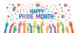 © Zhenrui - Pride Day themed rainbow hearts and raised hands with text 'HAPPY PRIDE MONTH'