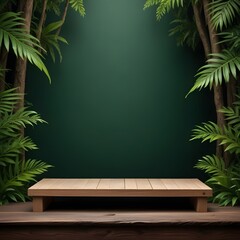 Wooden shelf in tropical forest for product presentation and dark green background