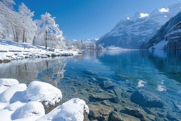 The crystal clear waters of a mountain lake reflecting the snowy landscape and brilliant blue sky on a sunny winter day