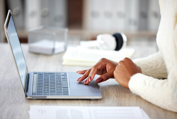 Aufkleber - Typing, hand and research on laptop, writing and notebook for online or distance learning. Computer, technology and internet or email and planning, student and virtual course for exam or assignment