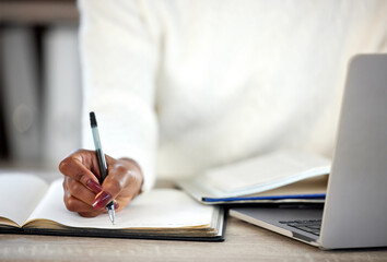 Poster - Remote work from home, writing and woman with laptop, hands and ideas for article, research and copywriter. Closeup, person and employee with notebook, computer and creative with planning or internet