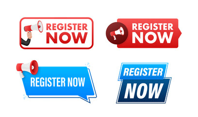 Aufkleber - register now text with megaphone label set. megaphone in hand promotion banner. marketing and advert