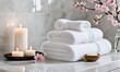 © Five Million Stocks - Spa background towel bathroom white luxury concept massage candle bath. Bathroom white wellness spa background towel relax aromatherapy flower accessory Zen therapy aroma beauty setting table salt oi