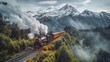 A vintage steam train chugging through a scenic mountain landscape, with snow-capped peaks and lush forests in the background. Generative AI.