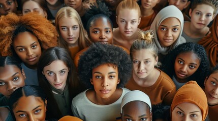 Poster - A large multi-ethnic group of people is looking at the camera directly above. Generative AI.