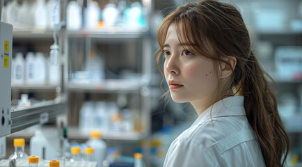 Aufkleber - A woman brown haired working in laboratory. Generative AI.