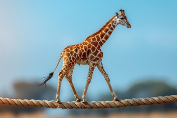 A young giraffe walks confidently across a tightrope, with a blurred background emphasizing the height and precarious nature of the action