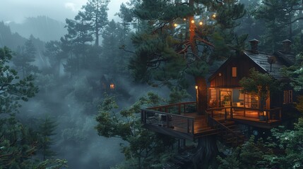 Wall Mural - A treehouse set amidst the tranquility of the forest and the majesty of the mountains, provides a serene retreat on a rainy night. Generative AI.