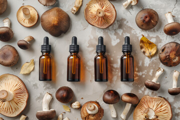 Canvas Print - overhead view of essential oil dropper bottle with mushrooms. Health product bottle mockup