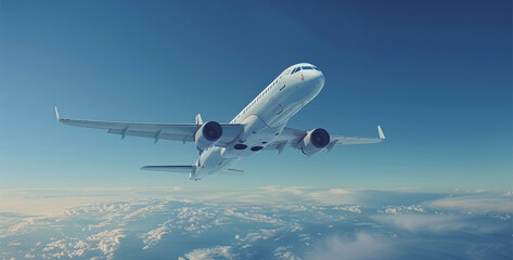 Poster - A white airplane flying in a blue sky. A modern passenger plane in the air with jet engines, concept of business travel. Generative AI.