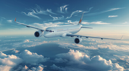 Poster - A white airplane flying in a blue sky. A modern passenger plane in the air with jet engines, concept of business travel. Generative AI.