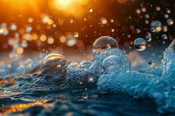 Poster - Macro shot reveals a stunning display of water droplets and bubbles illuminated by light, evoking energy