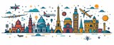 Fototapeta  - A modern banner showcasing a minimalist illustration of a suitcase, airplane, and iconic travel landmarks.