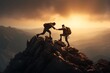 © Creative - hikers with backpacks standing on the top of the mountain