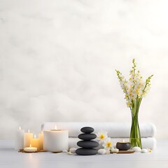 Wall Mural -  Spa background towel bathroom white luxury concept massage candle bath. Bathroom white wellness spa background towel relax aromatherapy flower accessory Zen therapy aroma beauty setting table salt oi