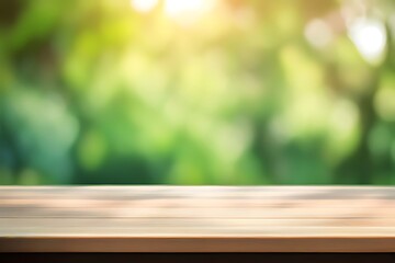 Empty wood table top, on blur abstract garden and house background from window, morning sunlight. concept for product display design