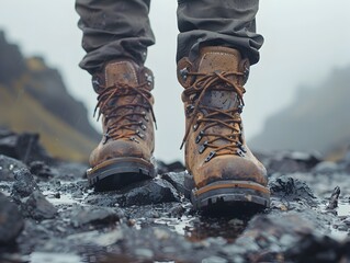 rugged hiking boots traversing challenging outdoor terrain capturing the essence of adventure and