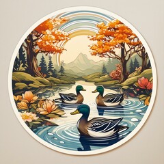 Wall Mural - Circular Duck Stickers featuring illustrations of ducks gracefully gliding across 