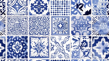 Naklejka na meble Detailed view of ornate blue and white ceramic tiles, excellent for cultural and design-focused content. Seamless pattern.