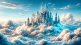 Fototapeta  - Building Castles in the Air idiom, fantastical castles floating among fluffy clouds, representing daydreams that will never come to pass.