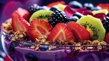 Close-up view of a colorful smoothie bowl topped with granola, chia seeds, and berries, shot with a macro lens to highlight the vibrant textures and wholesome ingredients