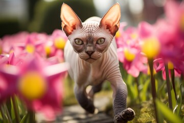 Wall Mural - Close-up portrait photography of a funny sphynx cat stretching a back in blooming spring garden