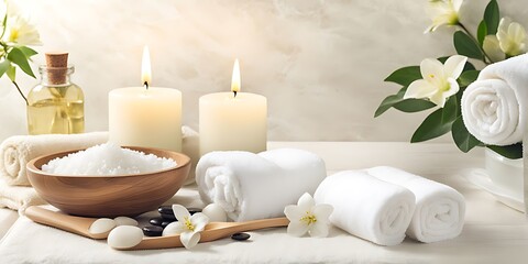 Wall Mural -  Spa background towel bathroom white luxury concept massage candle bath. Bathroom white wellness spa background towel relax aromatherapy flower accessory Zen therapy aroma beauty setting table salt oi