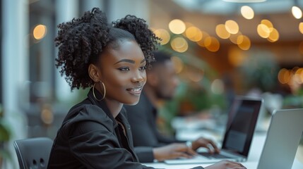 Aufkleber - A confident African woman in professional black attire, in a modern corporate office, working on laptops. Generative AI.