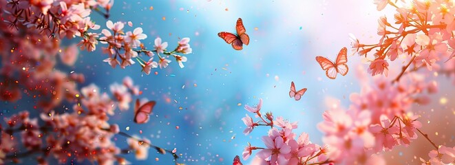 Wall Mural - beautiful spring cherry blossoms background, butterflies, created with ai
