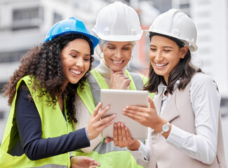 Poster - Engineering, construction site and women with tablet, teamwork and internet with planning, brainstorming and inspection. People, group and employees with tech, architecture and cooperation with app